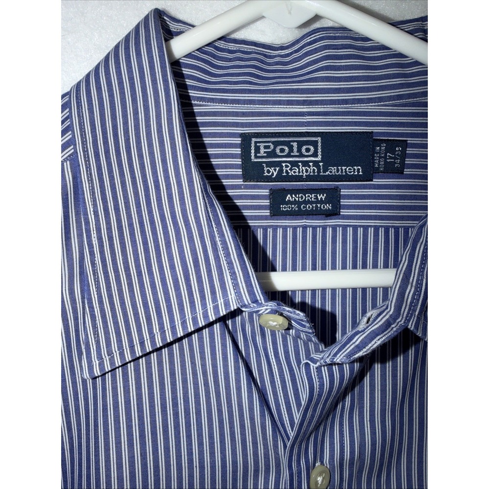Polo Ralph Lauren Andrew Shirt Men's 17 34/35 Long Sleeve Button Blue Stripe